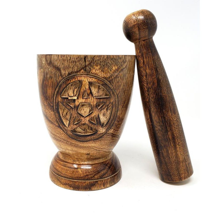 5.25&quot; Wooden Pentagram Mortar and Pestle Set, SKU WMP06, UPC 6016204159196