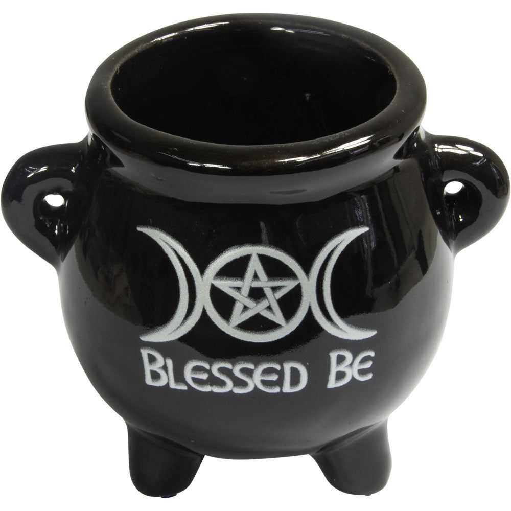 2.5&quot; Ceramic Mini Cauldron - Triple Moon with Pentacle (Blessed Be), SKU KH-89739, UPC 700317245902