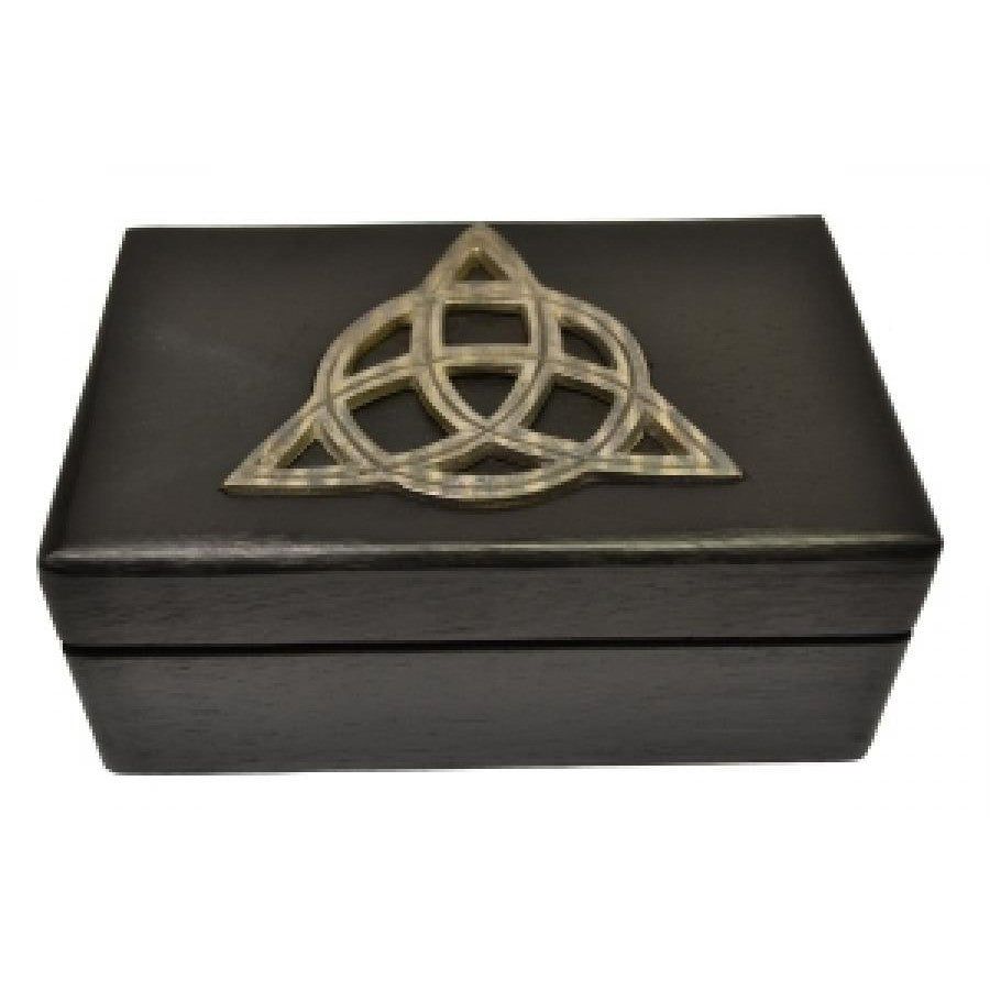 4&quot; x 6&quot; Carved Wood Box - Black with Silver Triquetra, SKU B46CS, UPC 700317314400