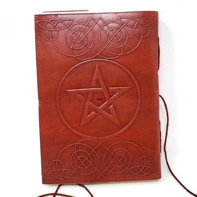 5&quot; x 7&quot; Pentagram Embossed Leather Journal with Cord, SKU JB75-WP, UPC 6016217311352