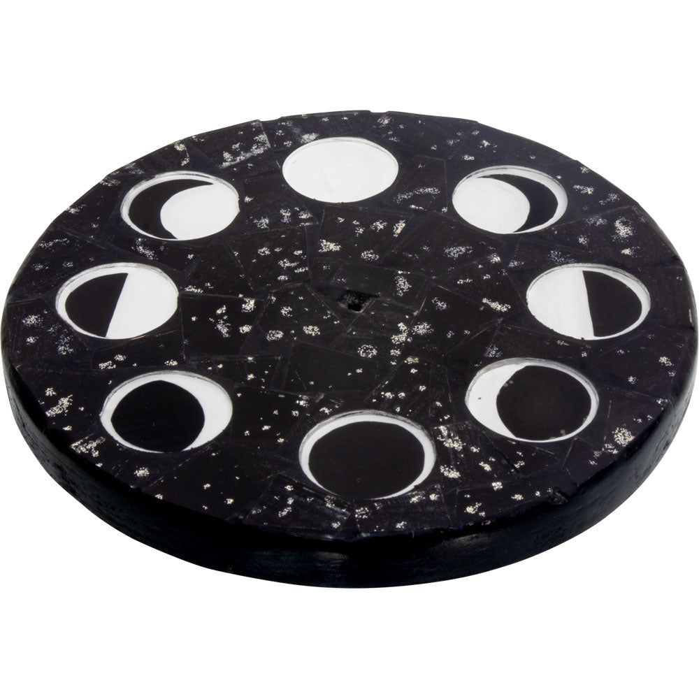 4.75&quot; Wood Incense Holder with Glass Mosaic - Moon Phases, SKU KH-89714, UPC 700317067771