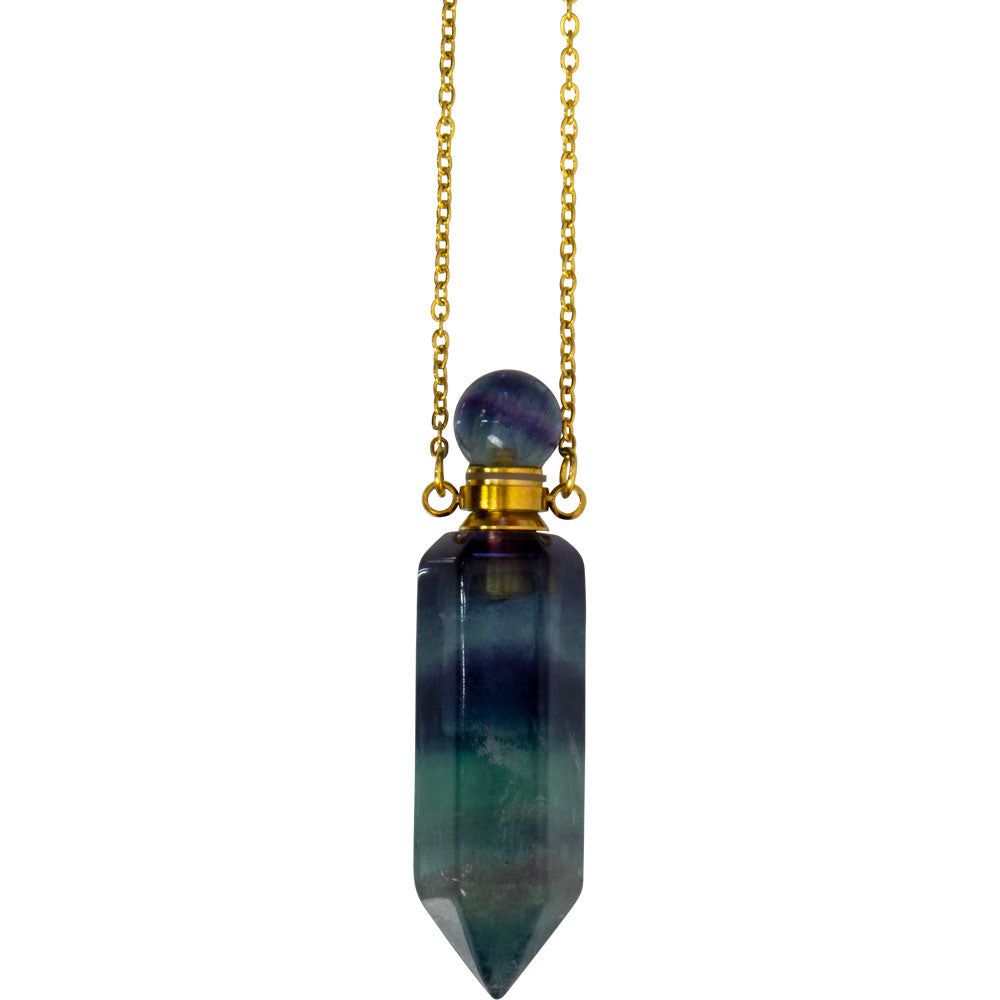 1.75&quot; Gemstone Point Pendant Perfume Bottle Necklace - Rainbow Fluorite, SKU KH-99072, UPC 70031706…