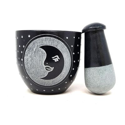 3&quot; Moon Carved Black Soapstone Mortar &amp; Pestle, SKU D01-SOB58, UPC 700317381037