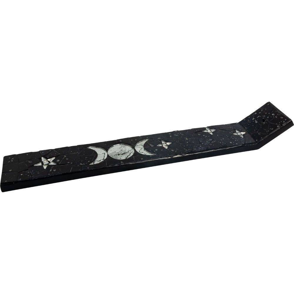 13.5&quot; Wood Incense Holder with Glass Mosaic - Triple Moon, SKU KH-89698, UPC 700317121183