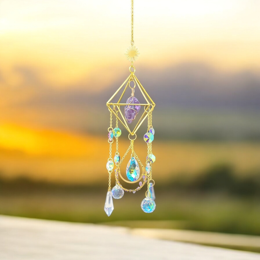 18&quot; Sun Catcher - Amethyst Gemstone with Rainbow Prism, SKU SCWH-43, UPC 700317417316