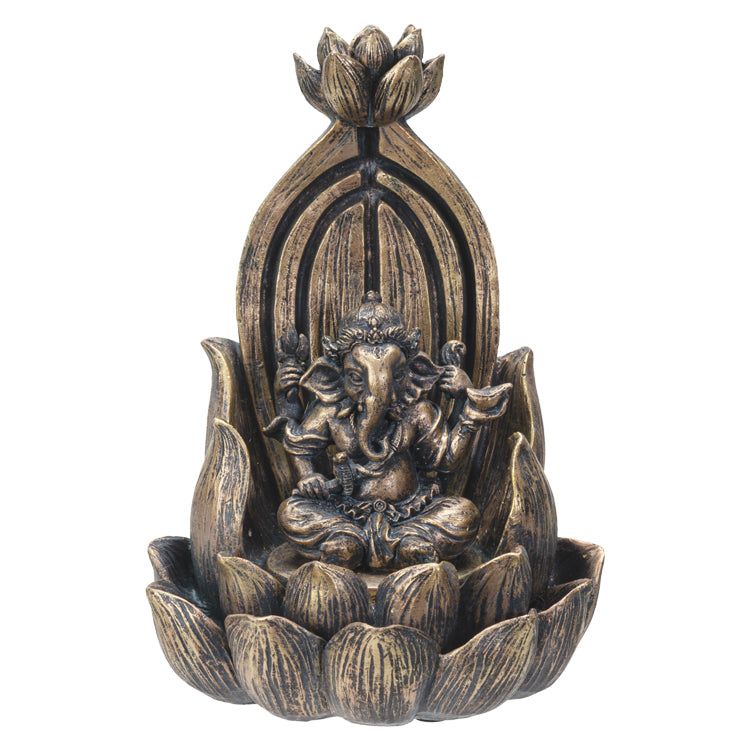 7.25&quot; Ganesha on Lotus Backflow Incense Burner, SKU PG-14330, UPC 700317049975