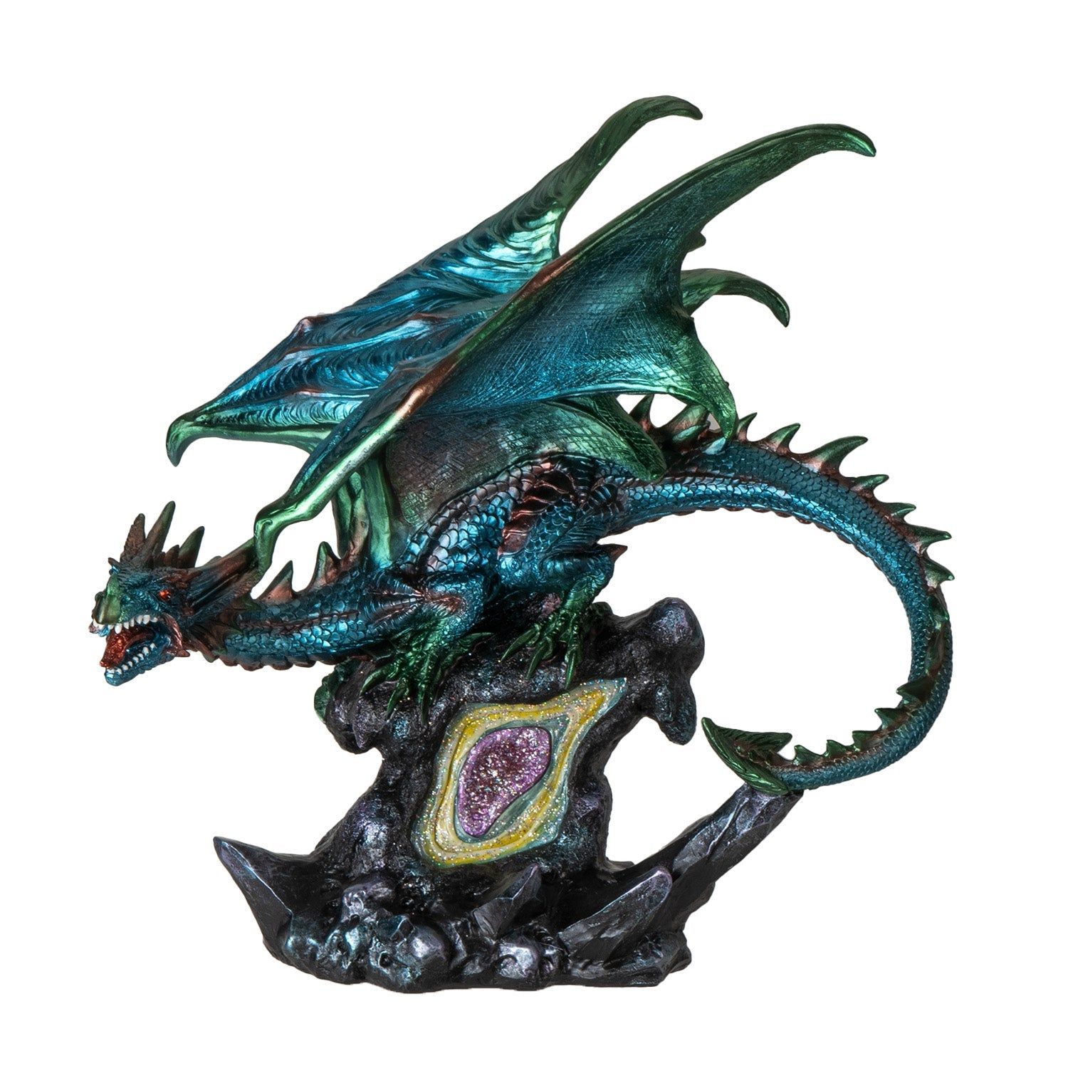 15.9&quot; Dragon on Geode Rock Statue, SKU PG-15996, UPC 700317393061