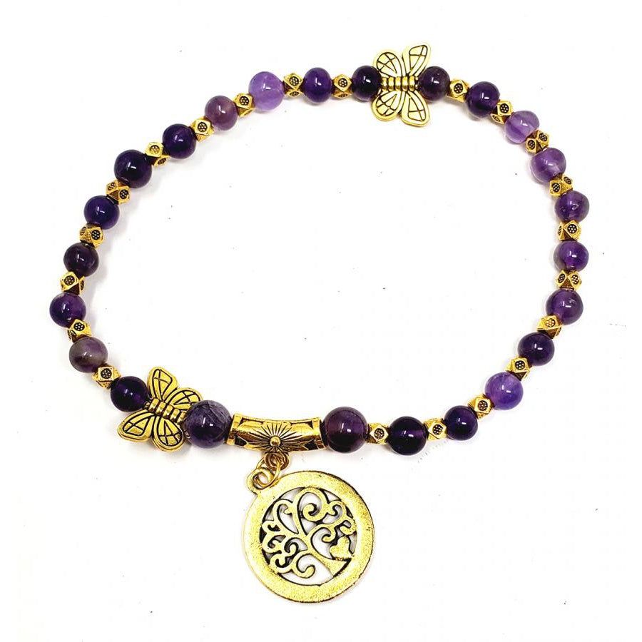 Gemstone Elastic Anklet - Amethyst with Tree of Life, SKU ANK-01, UPC 700317075172