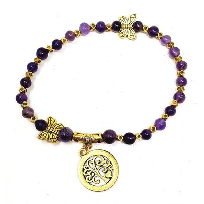 Gemstone Elastic Anklet - Amethyst with Tree of Life, SKU ANK-01, UPC 700317075172