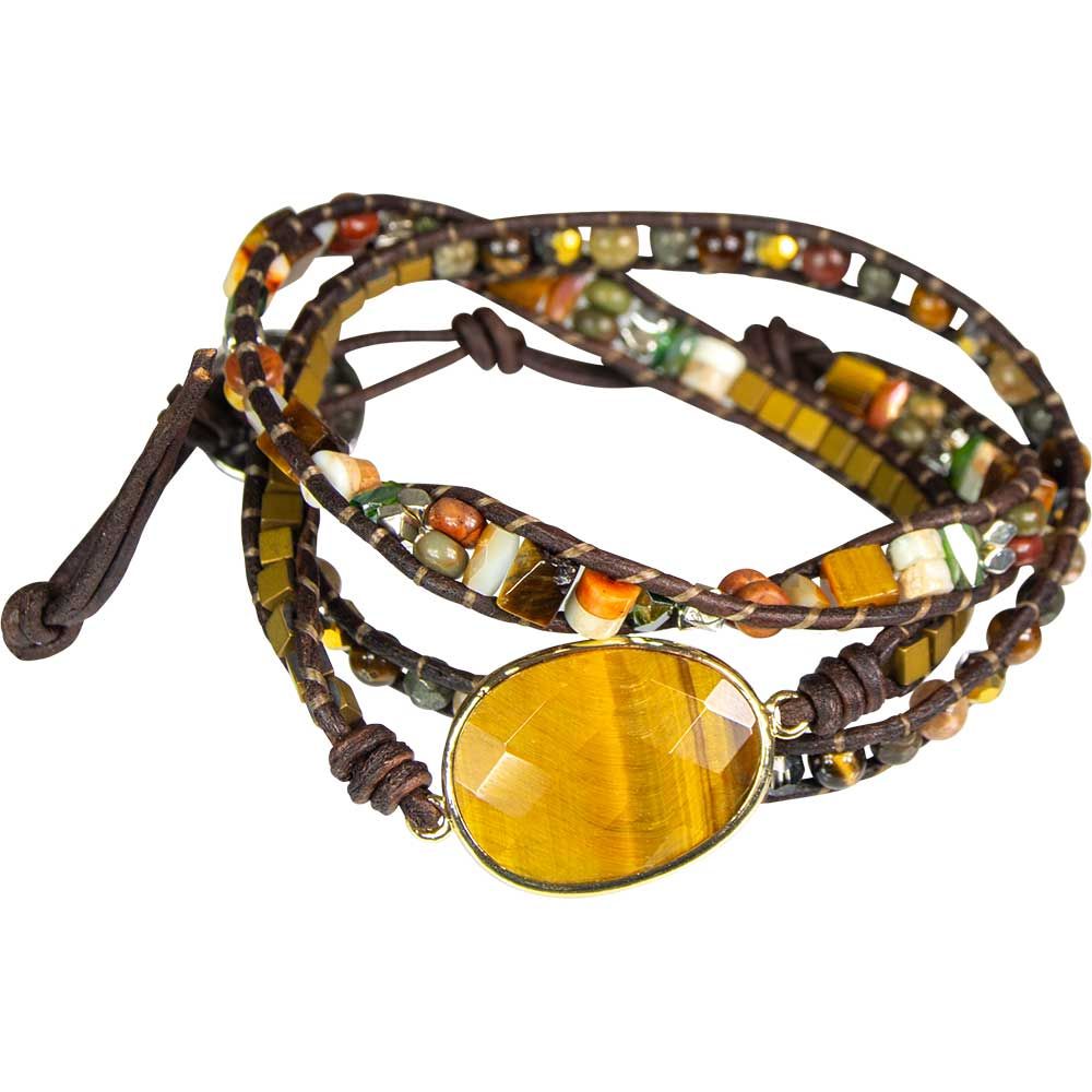 24&quot; Wrap Bracelet Leather &amp; Mixed Gemstones with Tiger Eye Accent, SKU KH-98382, UPC 700317397571
