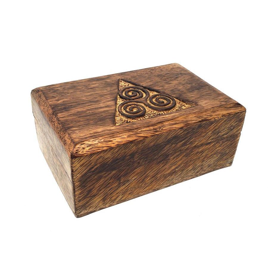 4&quot; x 6&quot; Carved Wood Box with Latch - Triskelion, SKU MW60, UPC 700317304586