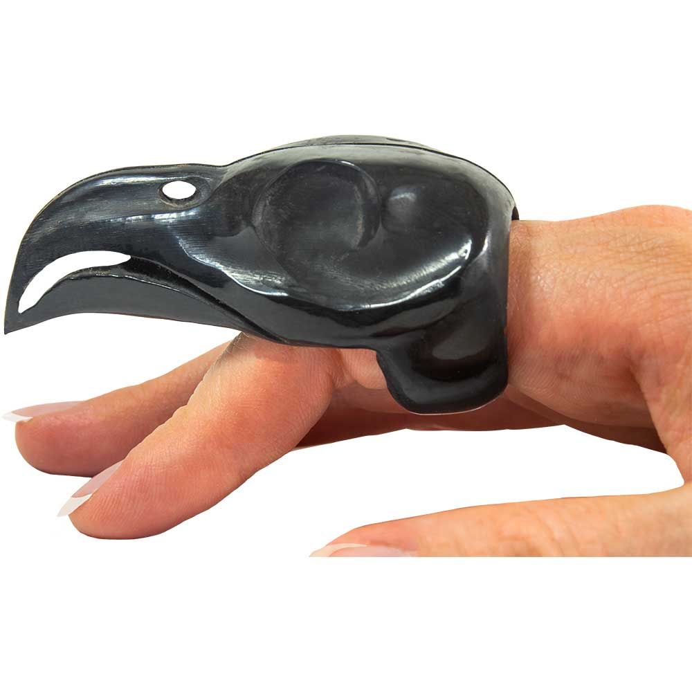 Buffalo Horn Hand Carved Ring - Raven Skull, SKU KH-95012, UPC 700317390121