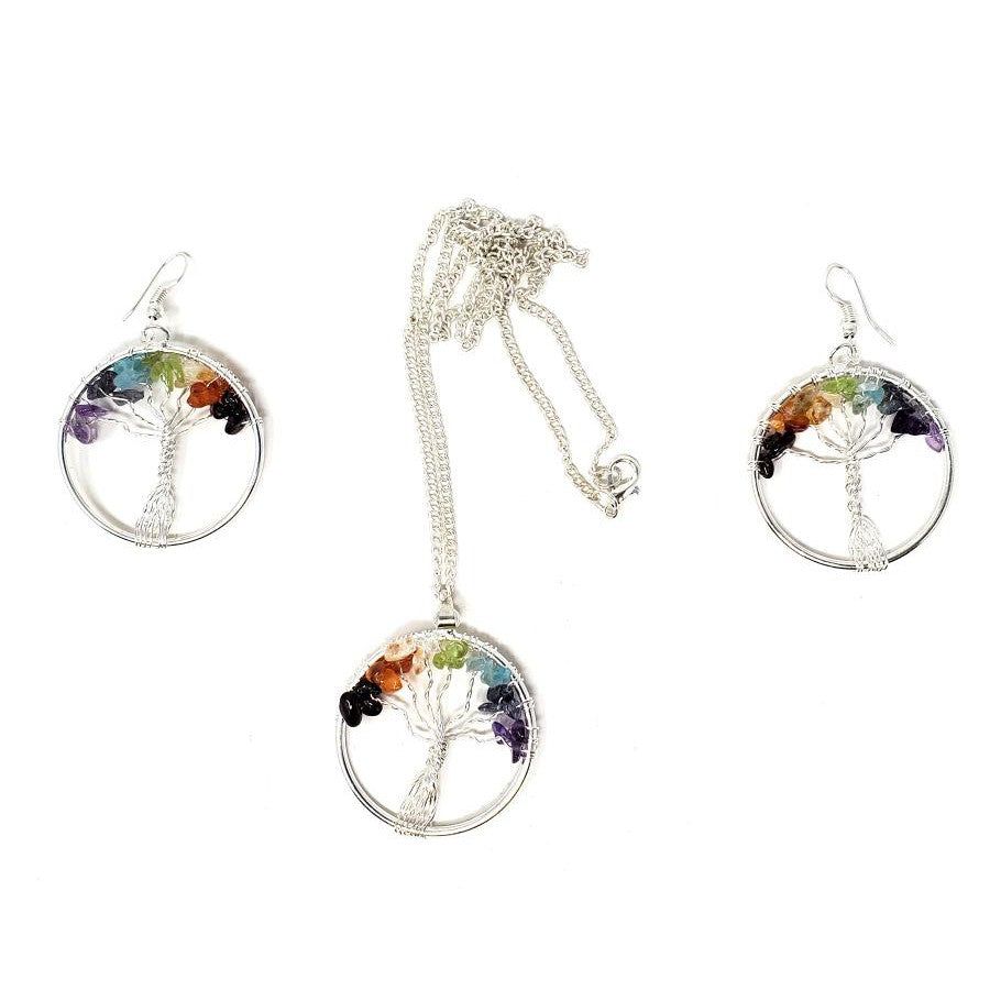Tree of Life Chakra Gemstone Necklace and Earrings Set, SKU QQ232-Set-TOL, UPC 700317384809