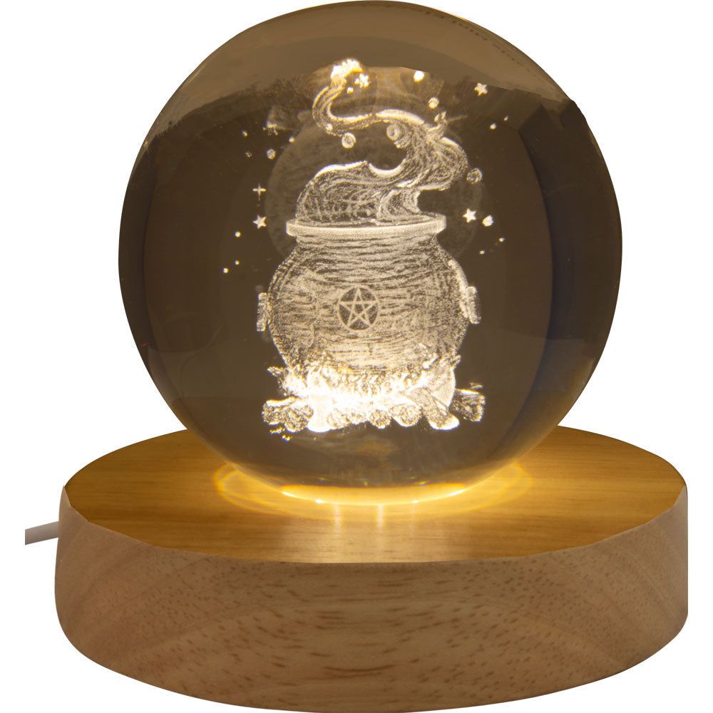 3&quot; Crystal Ball with Wood LED Light Base - Magic Cauldron, SKU KH-17769, UPC 700317067030