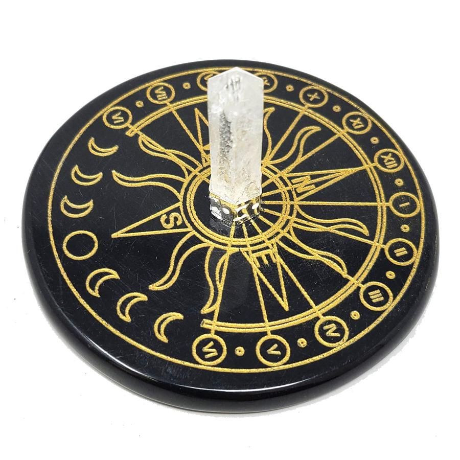 3&quot; Black Agate Altar Tile - Celestial Sun with Crystal Quartz, SKU S06-37-COAST-15, UPC 700317371885