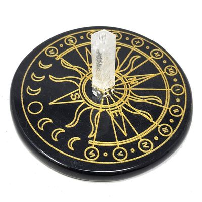 3&quot; Black Agate Altar Tile - Celestial Sun with Crystal Quartz, SKU S06-37-COAST-15, UPC 700317371885