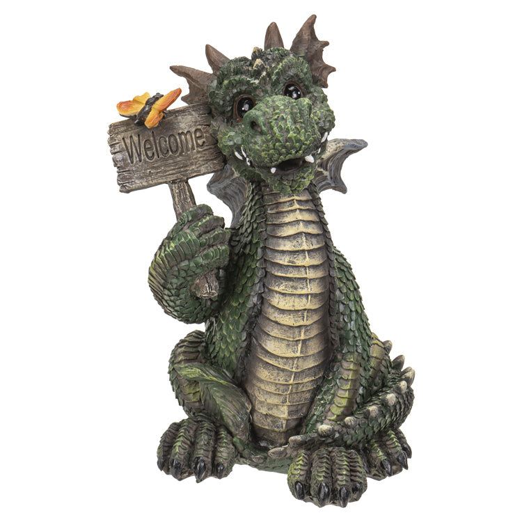 7&quot; Dragon Statue - Green Standing with Welcome Sign, SKU PG-14736, UPC 700317034988