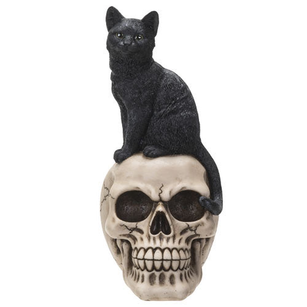 9.25&quot; Skeleton Statue - Black Cat on Skull, SKU PG-14691, UPC 700317051763