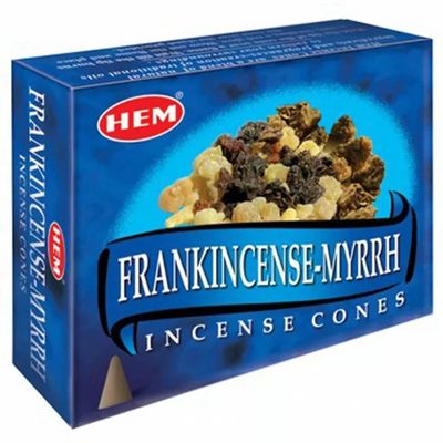 Frankincense &amp; Myrrh HEM Cone Incense (10 Cones), SKU FM12, UPC 6016207974932