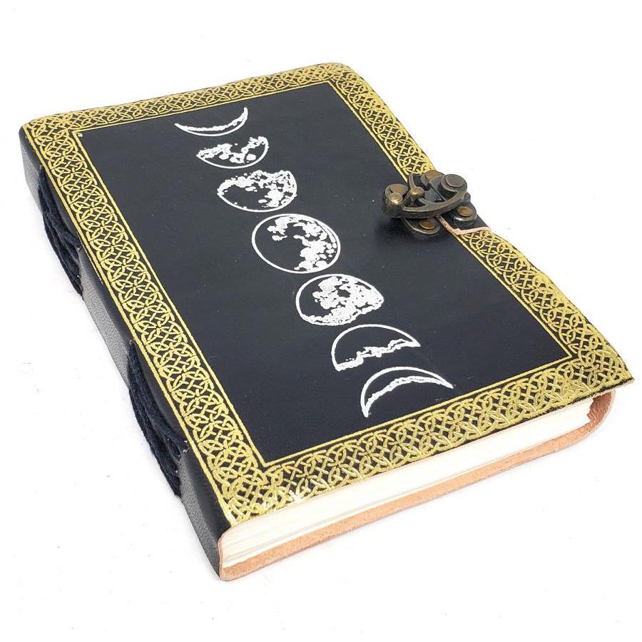 5&quot; x 7&quot; Moon Phase Gold &amp; Silver Leather Journal with Latch, SKU JB75-MPGS, UPC 700317301585