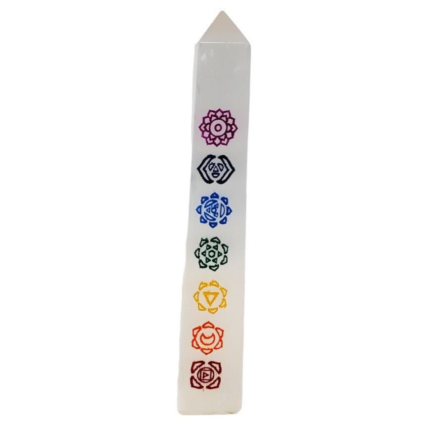 7&quot; Selenite 7 Chakra Colorful Obelisk Tower, SKU TWO-7CH, UPC 6016208166138