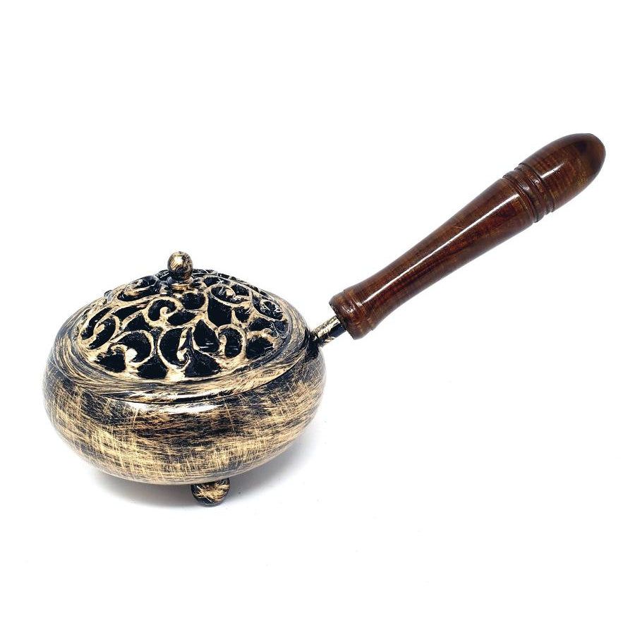 9&quot; Golden Finish Iron Charcoal Burner with Lid &amp; Wood Handle, SKU BR63, UPC 700317301882