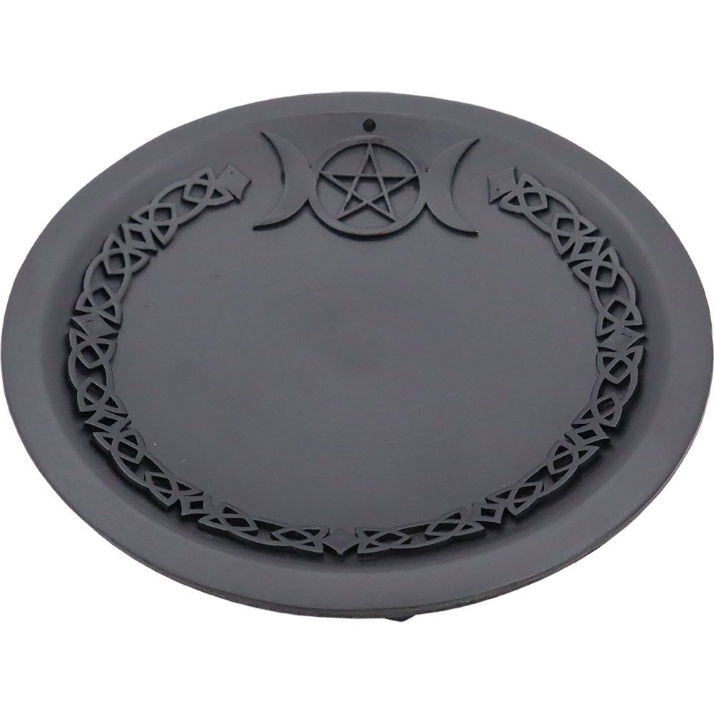 7&quot; Cast Iron Offering Plate Incense Holder - Triple Moon with Pentacle, SKU KH-64032, UPC 700317109…