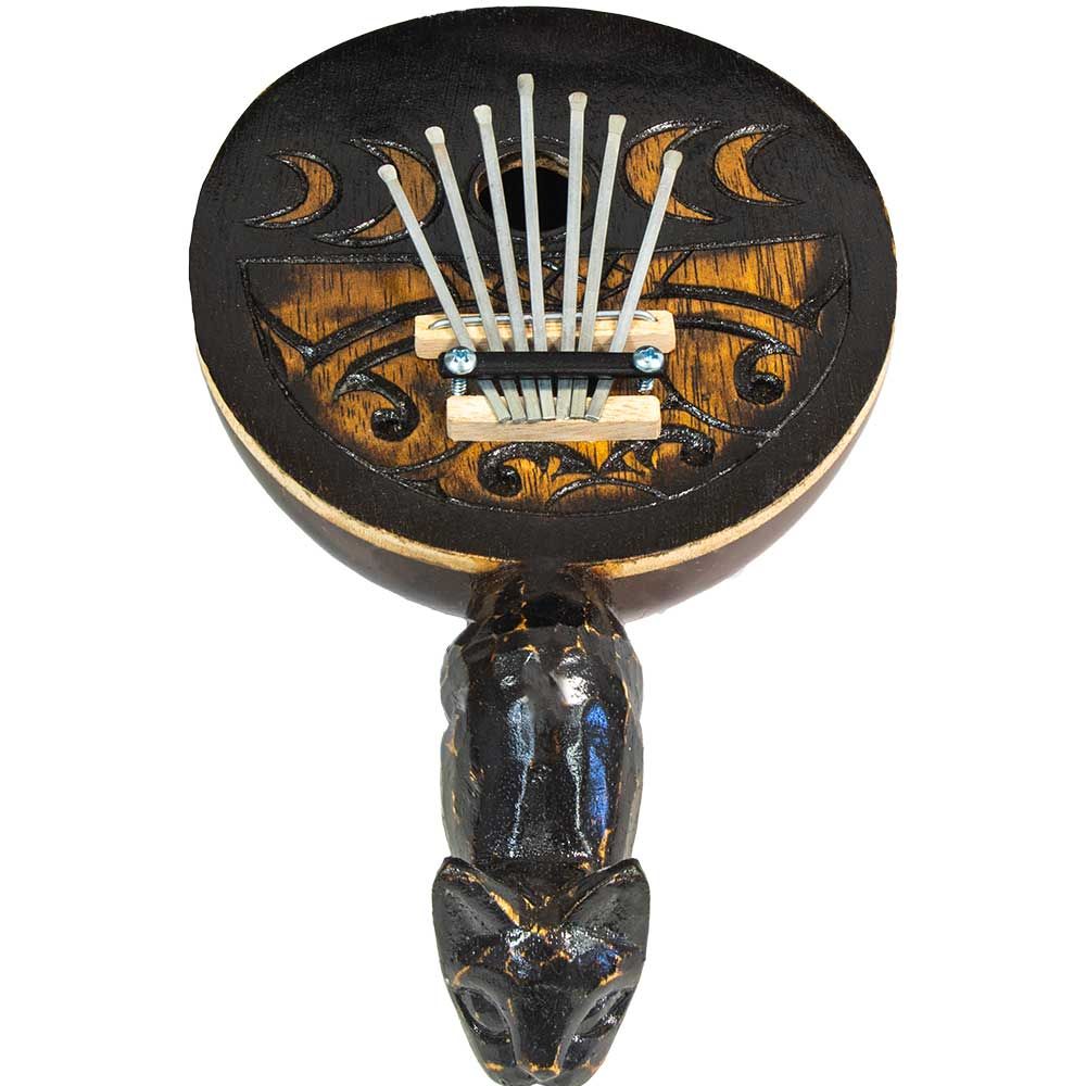 10.5&quot; Coconut Carved Karimbu - Moon Phases with Cat Handle, SKU KH-31298, UPC 700317389521
