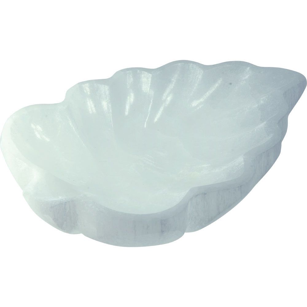 5.75&quot; Gemstone Carving Bowl - Leaf - White Selenite, SKU KH-17757, UPC 700317120605