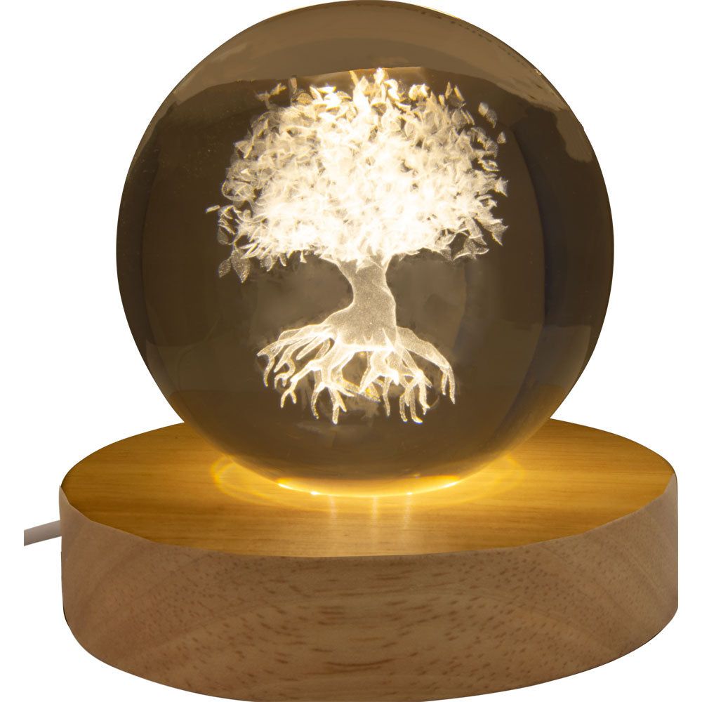 3&quot; Crystal Ball with Wood LED Light Base - Tree of Life, SKU KH-17770, UPC 700317067047