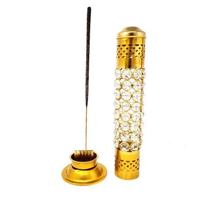 12&quot; Acrylic Crystal Carved Brass Tower Incense Burner, SKU I08-807BR-F, UPC 700317372257