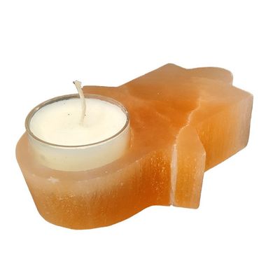 4.5&quot; Orange Selenite Hamsa Hand Tealight Candle Holder, SKU SELCH-Hamsa-O, UPC 700317382942