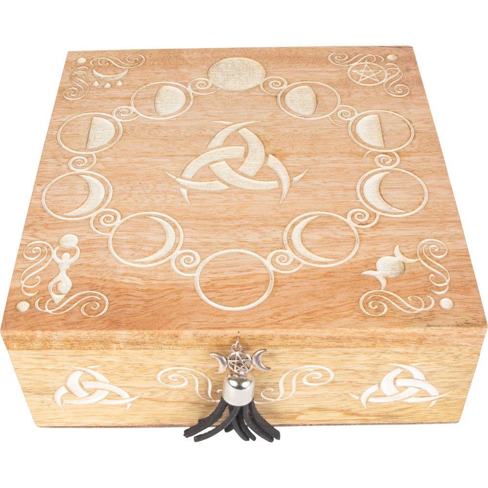 7&quot;  Laser Etched Wood Box - Pagan Moon Phases, SKU KH-44310, UPC 700317391654