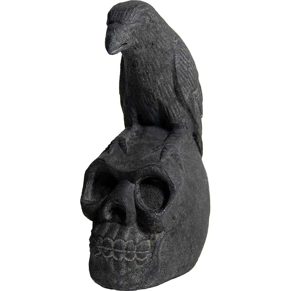 10&quot; Volcanic Stone Statue - Skull &amp; Raven, SKU KH-33934, UPC 700317389668