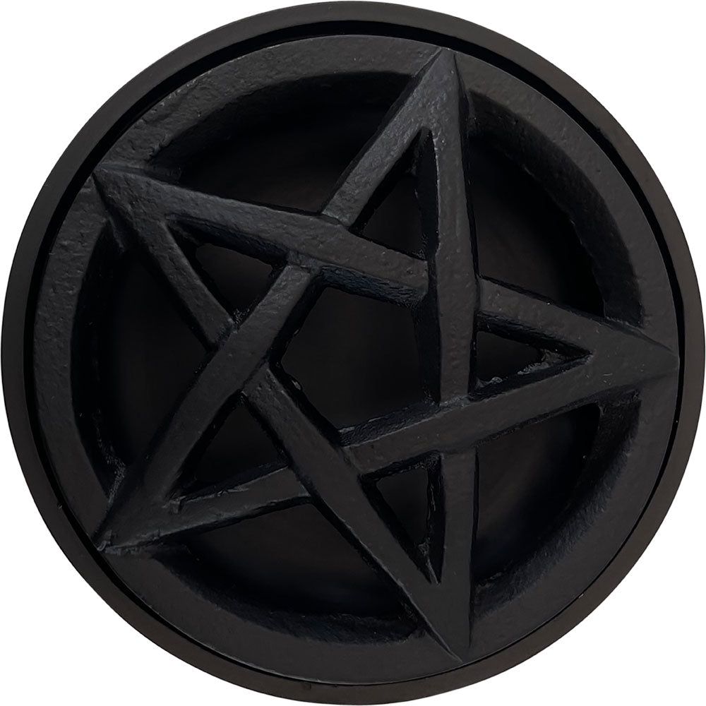 3.5&quot; Cast Iron Incense Burner with Pentacle Lid, SKU KH-89746, UPC 700317311553
