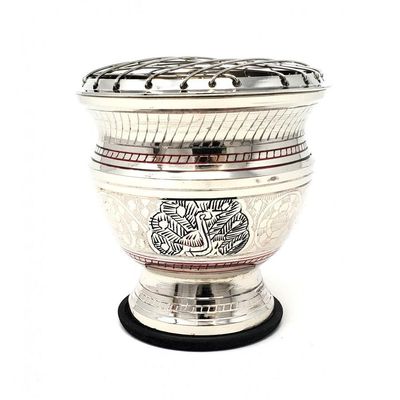 4&quot; Silver Peacock Carved Brass Screen Charcoal Burner, SKU I07-136-710, UPC 700317371601