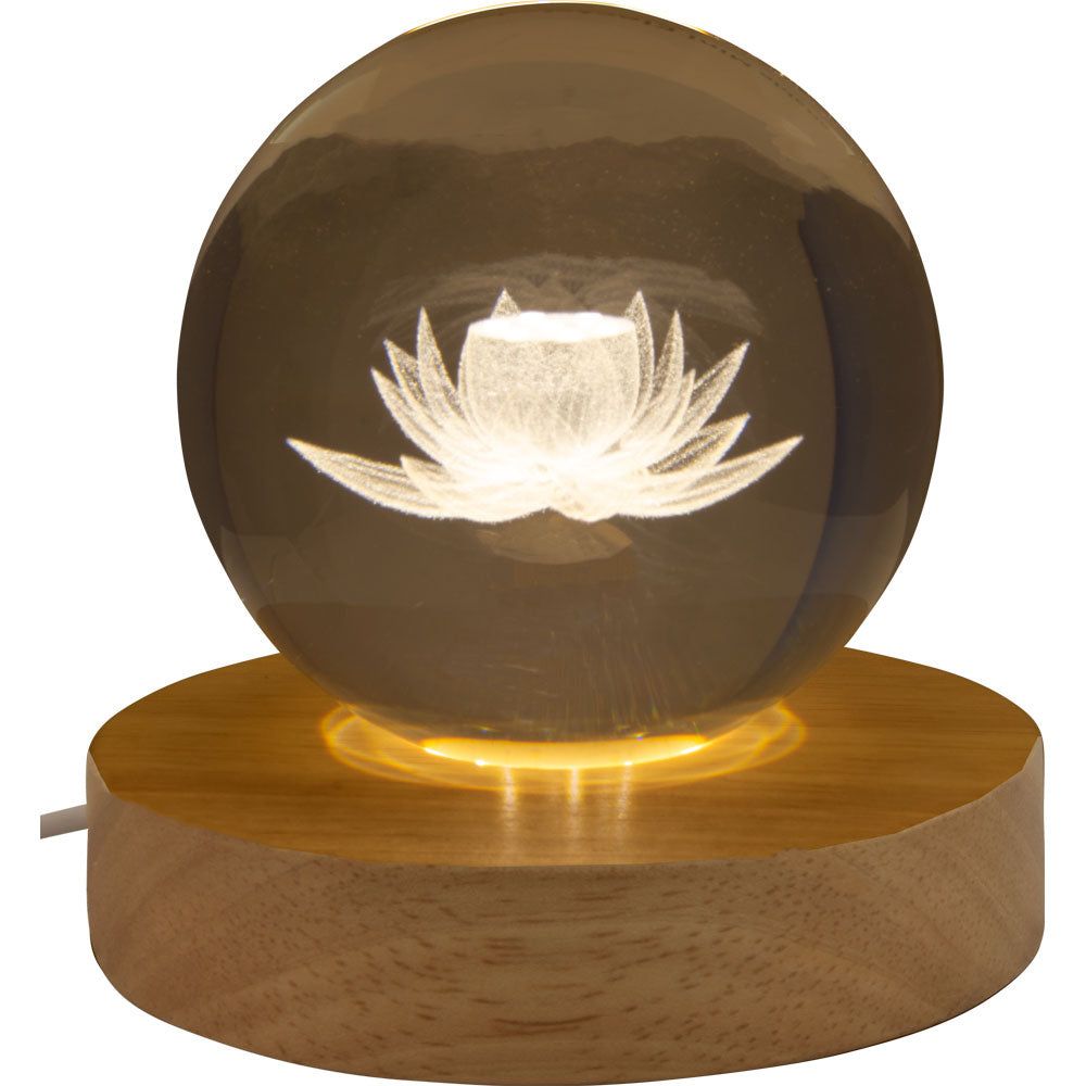 3&quot; Crystal Ball with Wood LED Light Base - Lotus, SKU KH-17764, UPC 700317067092