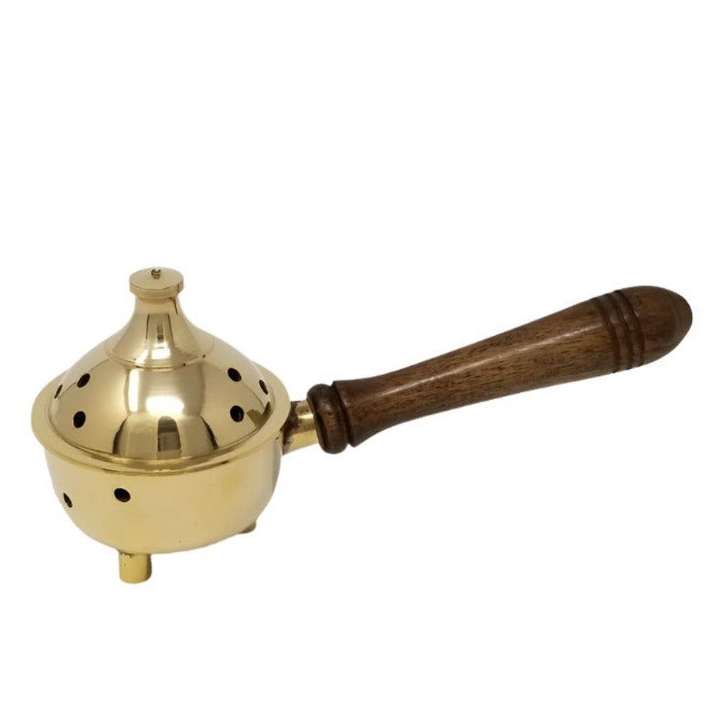 7&quot; Solid Brass Burner with Lid &amp; Wood Handle, SKU I07-148-BR71, UPC 700317383918