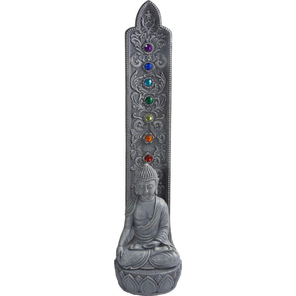 11.5&quot; Polyresin Incense Holder - Buddha with Chakra Gems, SKU KH-89727, UPC 700317247449