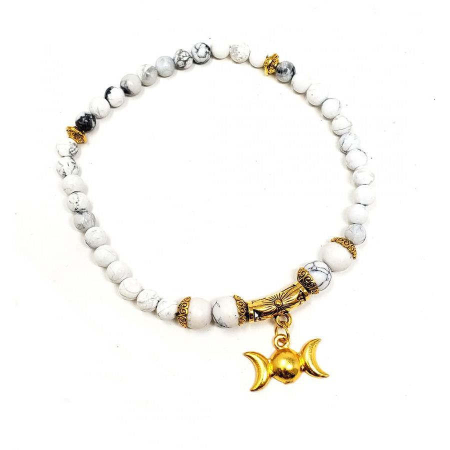Gemstone Elastic Anklet - Howlite with Triple Moon, SKU ANK-06, UPC 700317075127