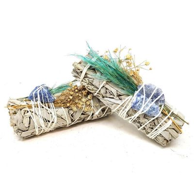 4&quot; Floral White Sage with Sodalite Crystal Stone Smudge Stick, SKU MS1-N67-D50, UPC 700317397274