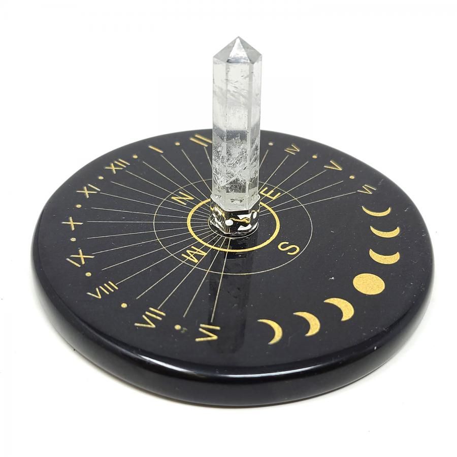 3&quot; Black Agate Altar Tile - Sun Moon Phase Clock with Crystal Quartz, SKU S06-35-COAST-13, UPC 7003…