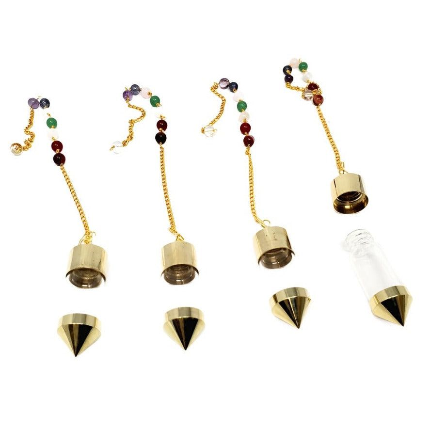 Chambered Pendulum - Gold Clear Vial with Chakra Chain, SKU PEND-A-201, UPC 700317307174