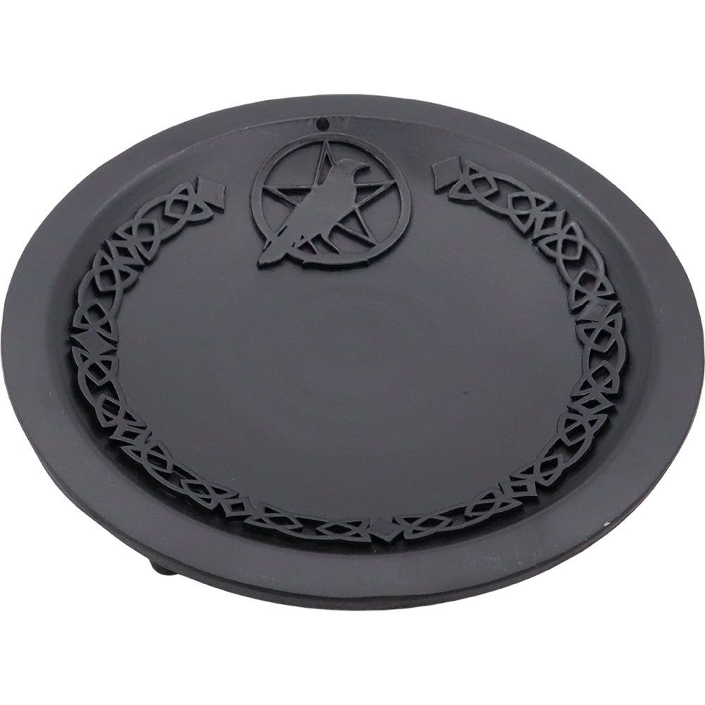 7&quot; Cast Iron Offering Plate Incense Holder - Raven with Pentacle, SKU KH-64030, UPC 700317109457