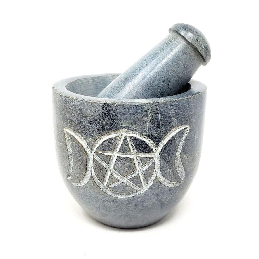 2.75&quot; Triple Moon Carved Soapstone Mortar &amp; Pestle, SKU SOB55, UPC 700317074960