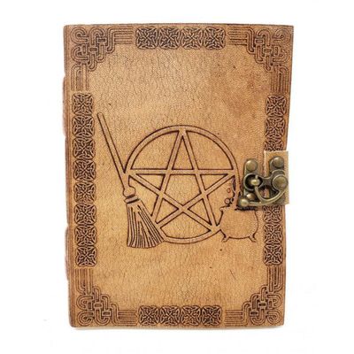 5&quot; x 7&quot; Pentagram Broom Cauldron Embossed Leather Journal with Latch, SKU JB75-PB, UPC 6016007811826
