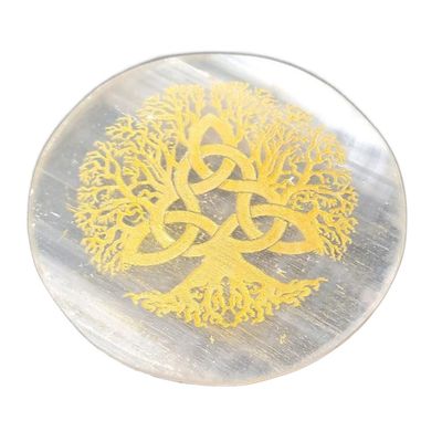 3&quot; Selenite Altar Tile - Triquetra Tree of Life Gold, SKU COAST-TT, UPC 700317305415