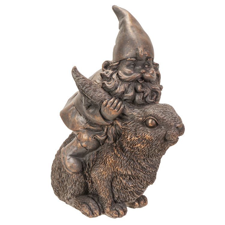 8&quot; Gnome Statue - Bronze Gnome on Bunny, SKU PG-14794, UPC 700317041320