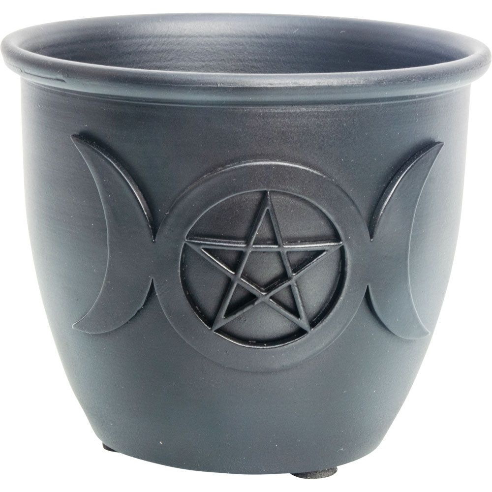 3.5&quot; Cast Iron Smudge Pot - Triple Moon with Pentacle, SKU KH-44015, UPC 700317068723