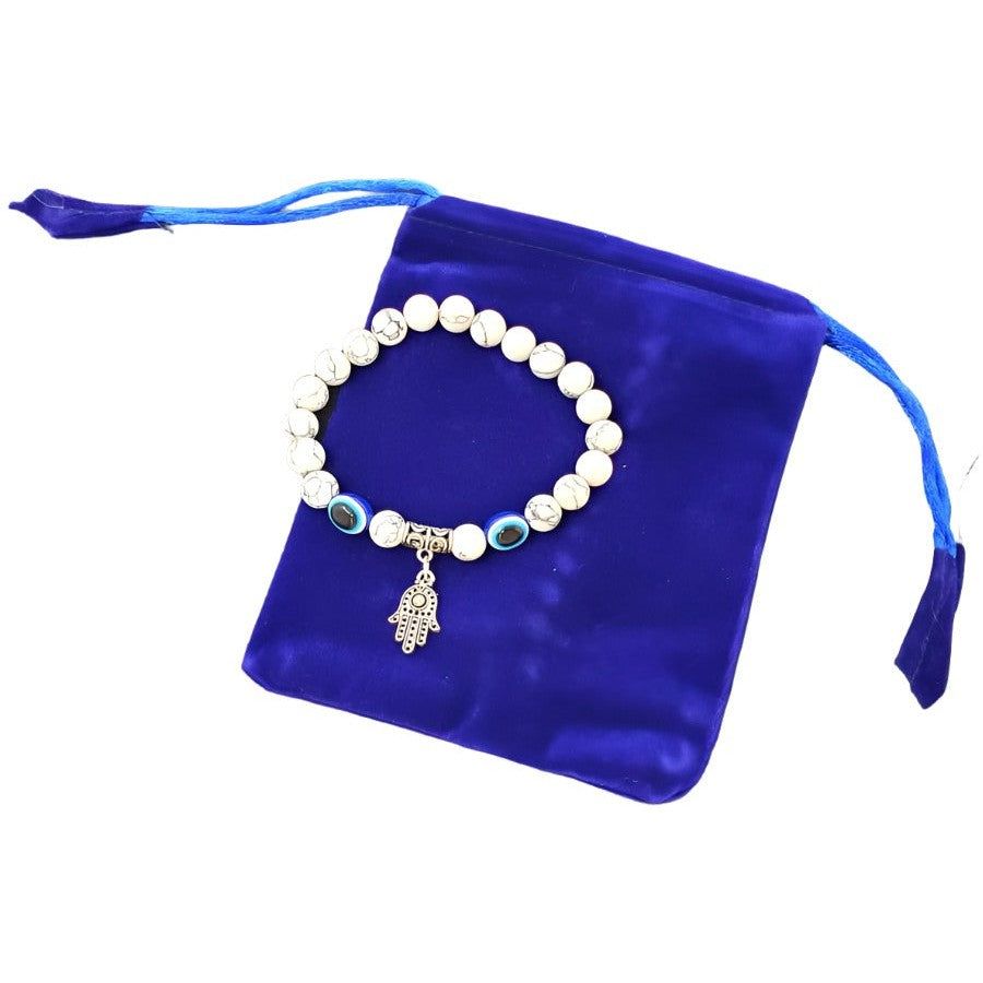 8 mm Elastic Bracelet Round Beads - Howlite with Evil Eye &amp; Hamsa Hand in Velvet Bag, SKU R040-BS87…